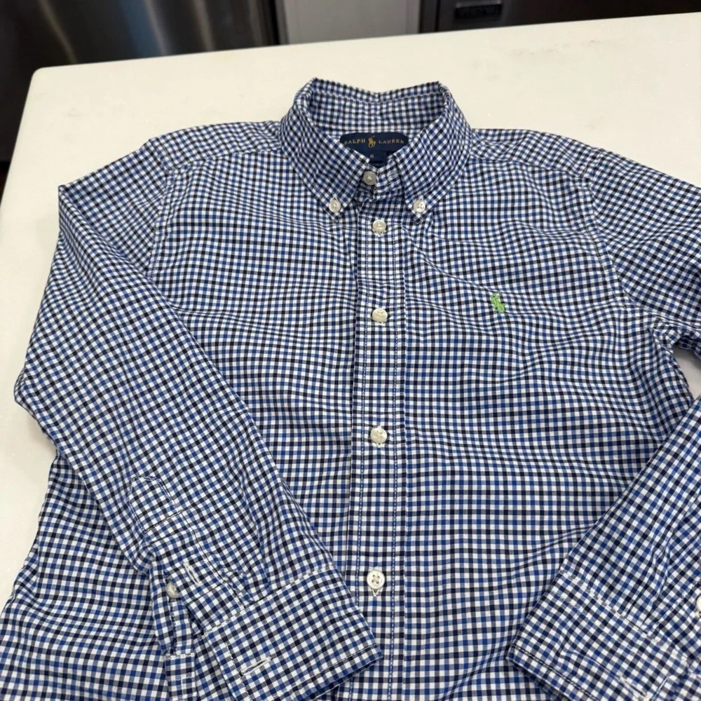 Ralph Lauren Boys 2 PCS Set Blue V-Neck Sweater & Plaid Shirt Sz 5-6